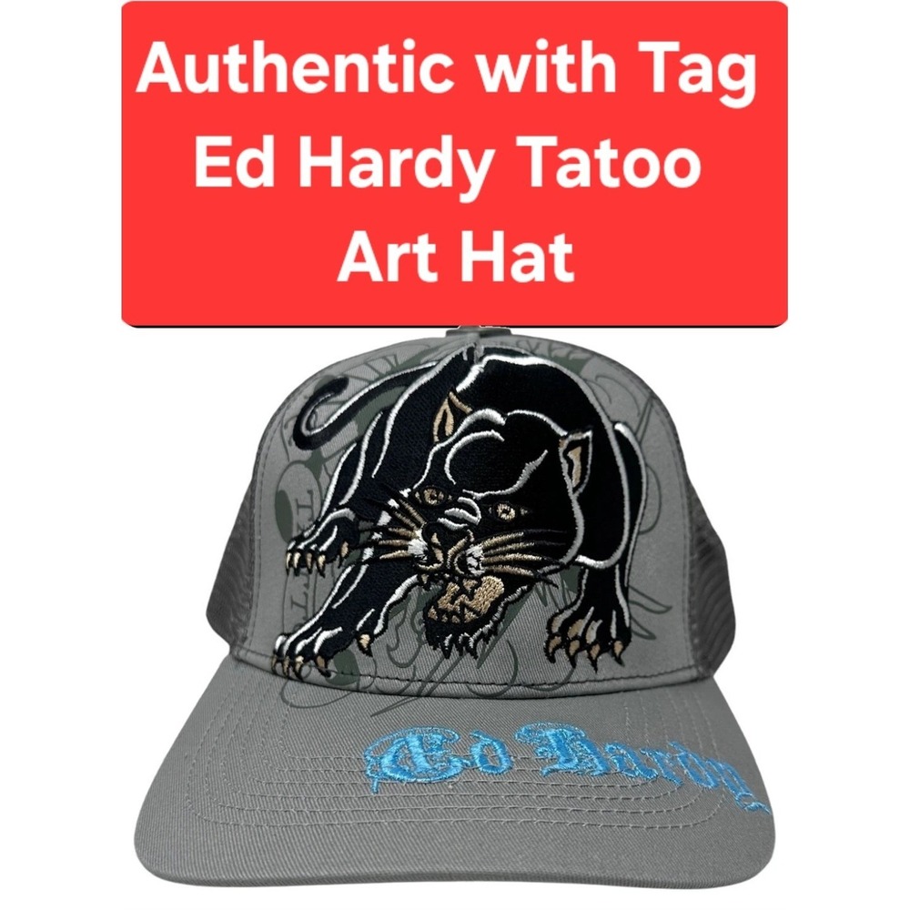 NEW Ed Hardy Trucker Hat Embroidered Tattoo Crouching Panther Grey Snapback